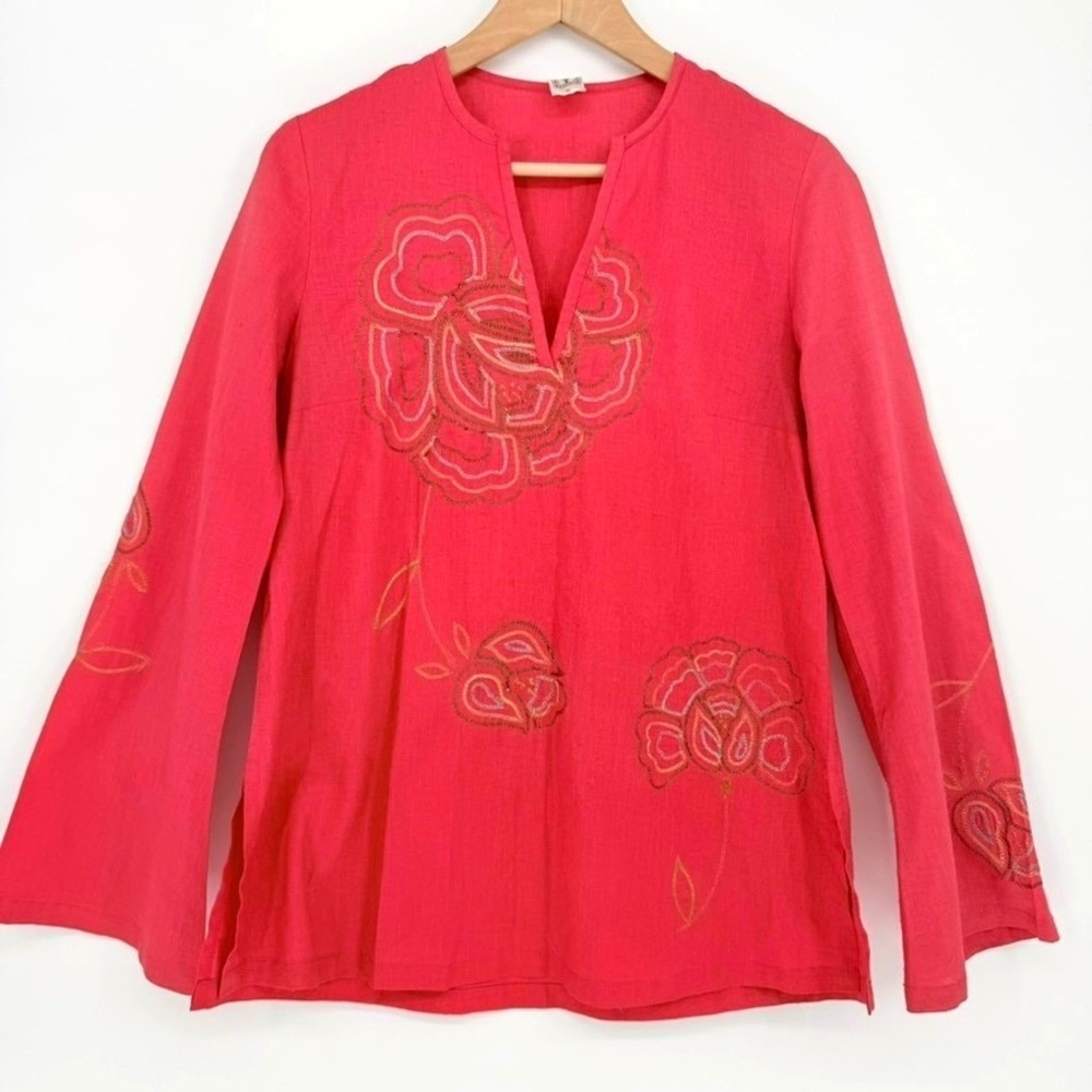 Coral Red Floral‎ Embroidered Linen Egyptian Cotton Blend Tunic Boho Bell Sleeve